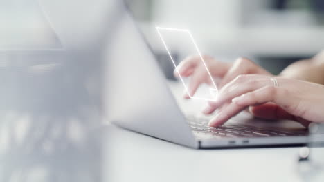 laptop, digital and internet with hands typing