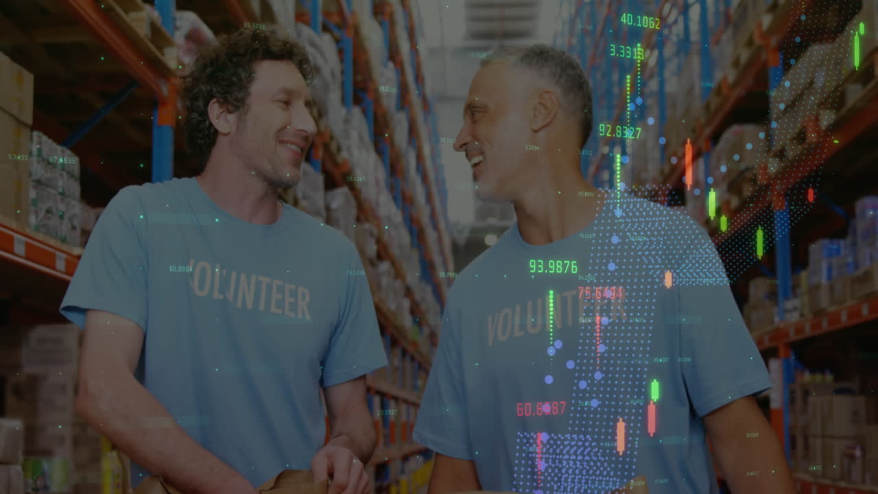 Animation of financial data processing over diverse volunteers in warehouse
