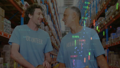 animation of financial data processing over diverse volunteers in warehouse