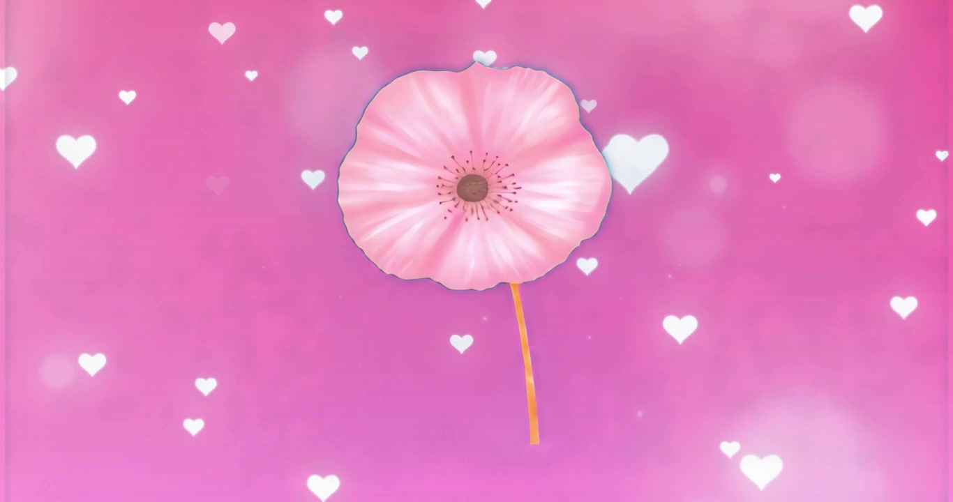 Su uno sfondo rosa, un fiore che si inclina e ondeggia tra cuori bianchi che fluttuano per un effetto sognante.