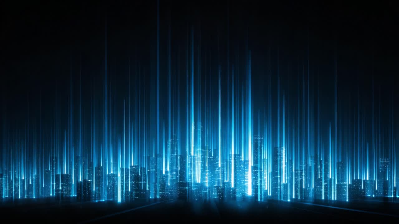 Futuristic smart city with glowing blue light beams representing big data, high speed internet, and information flowing through a digital network in a modern metropolis at night