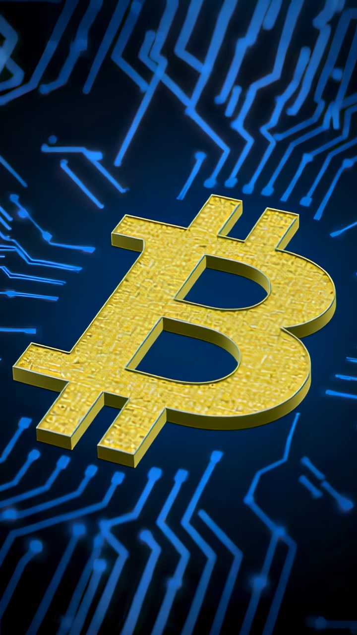 Rotating on start big 3D gold Bitcoin symbol drifting over blue PCB, suggesting electronic activity