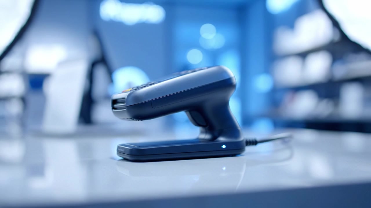 A Close-Up View of a Handheld Scanner on a Countertop in a Softly Lit Environment with Blurred Background Highlights for Product Imaging and Retail Applications