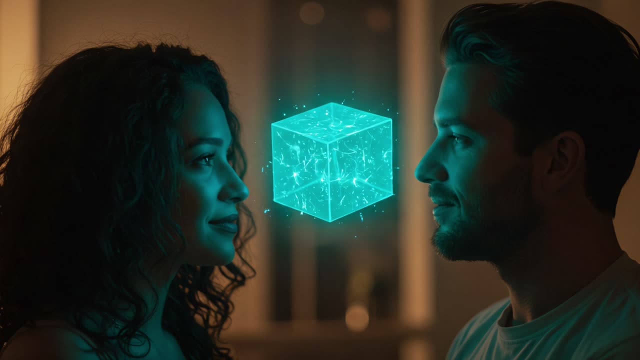 An Enigmatic Connection: A Captivating Encounter Between Two Souls with a Glowing Cube Symbolizing Their Unique Bond in a Dreamlike Atmosphere