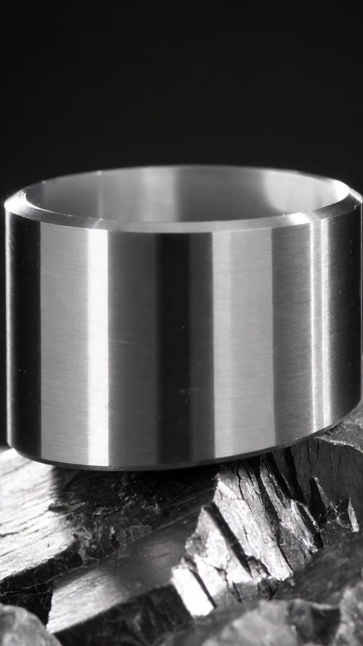 Vertical video: Tilting camera revealing metal ring on crystal rock in studio, exposing rim glints