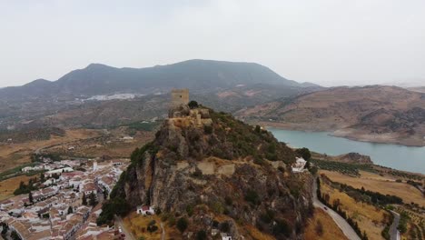 Aerial-fly-away-Medieval-castle-wachtower-on-top