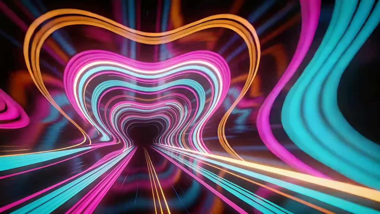 La telecamera inizia ad avanzare attraverso un tunnel di nastri al neon verso un vuoto oscuro, mostrando bande cardiache pulsanti.