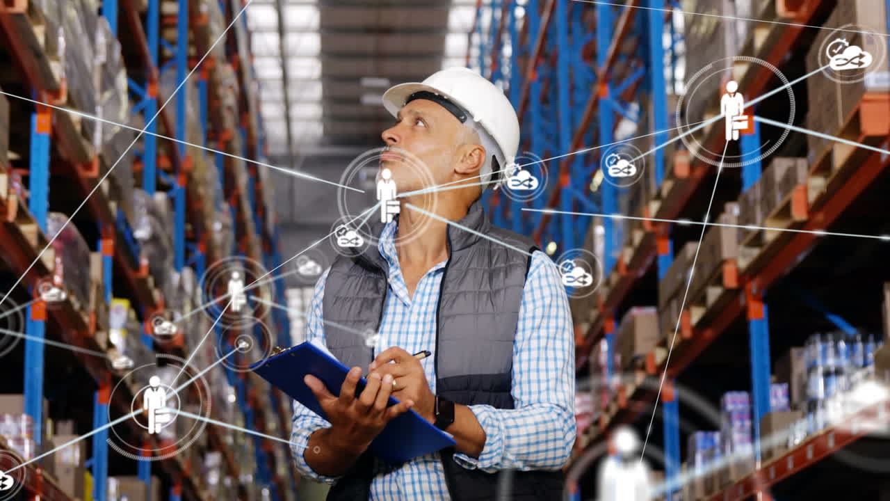 animación de la red de conexiones sobre el hombre escribiendo en el clipboard en el almacén