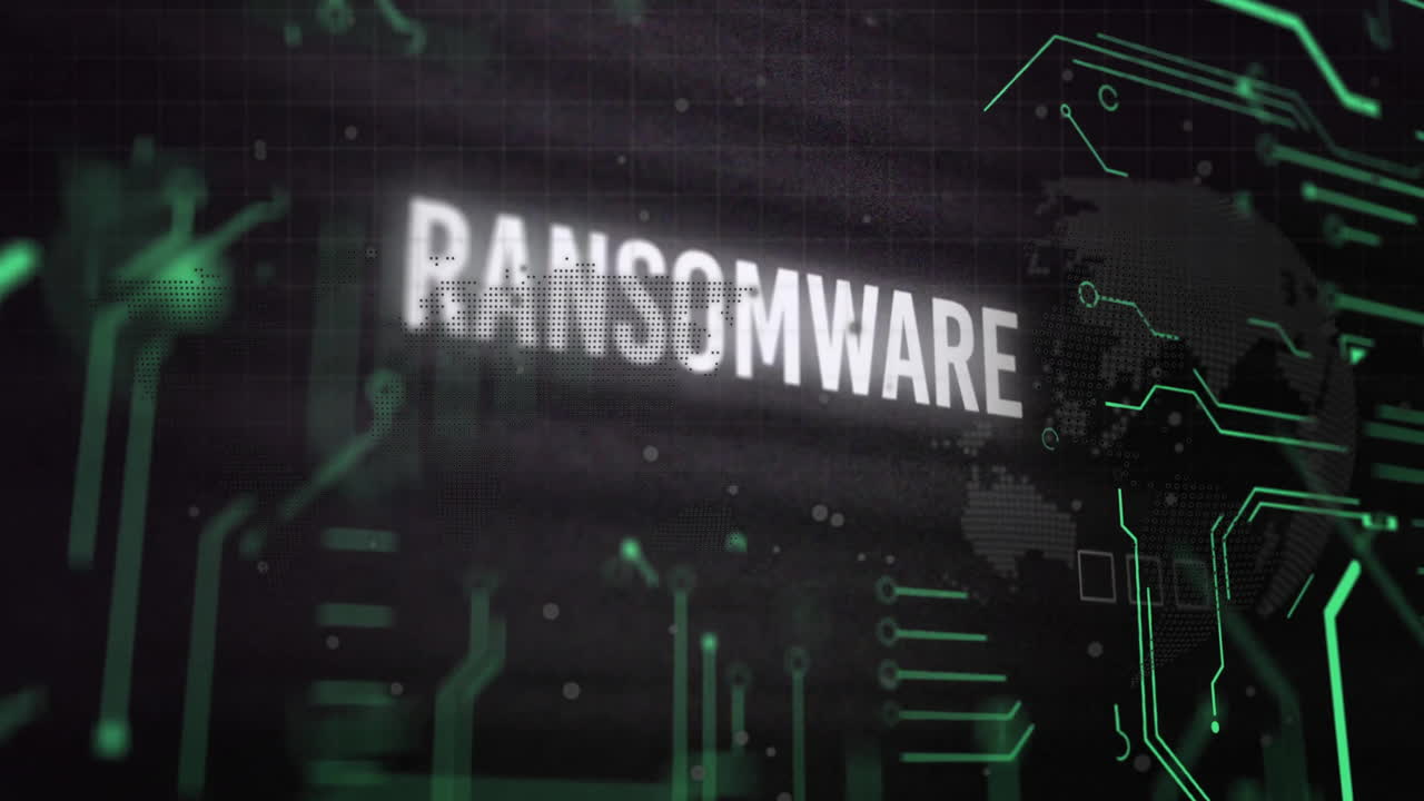Ransomware animation with digital world map and binary code in background