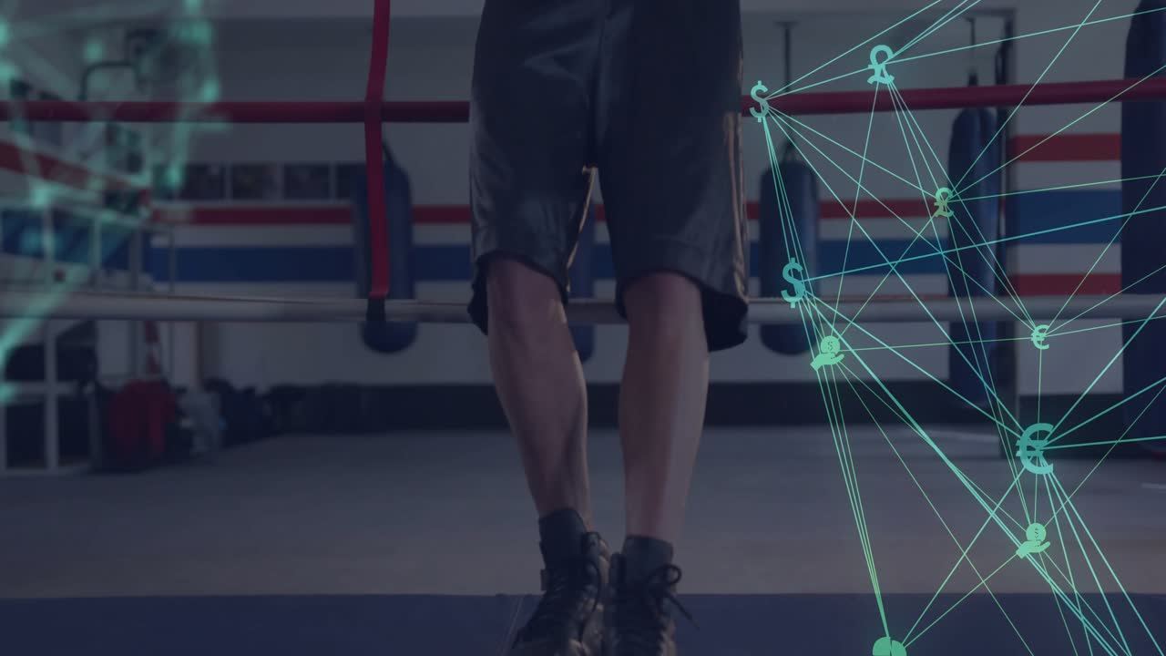 Boxer leaning on ring ropes while tech overlay emerging showing currency icons preparing training