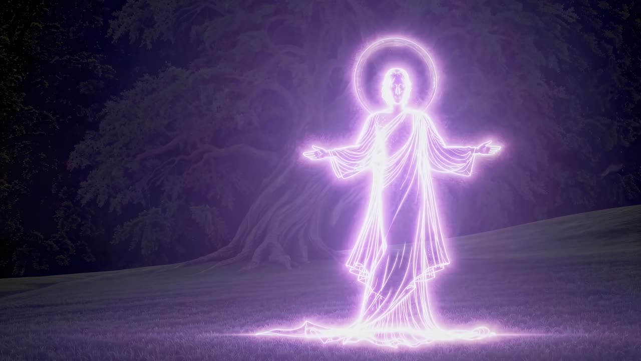 Una figura luminosa si erge in un campo al tramonto, con un grande albero sullo sfondo