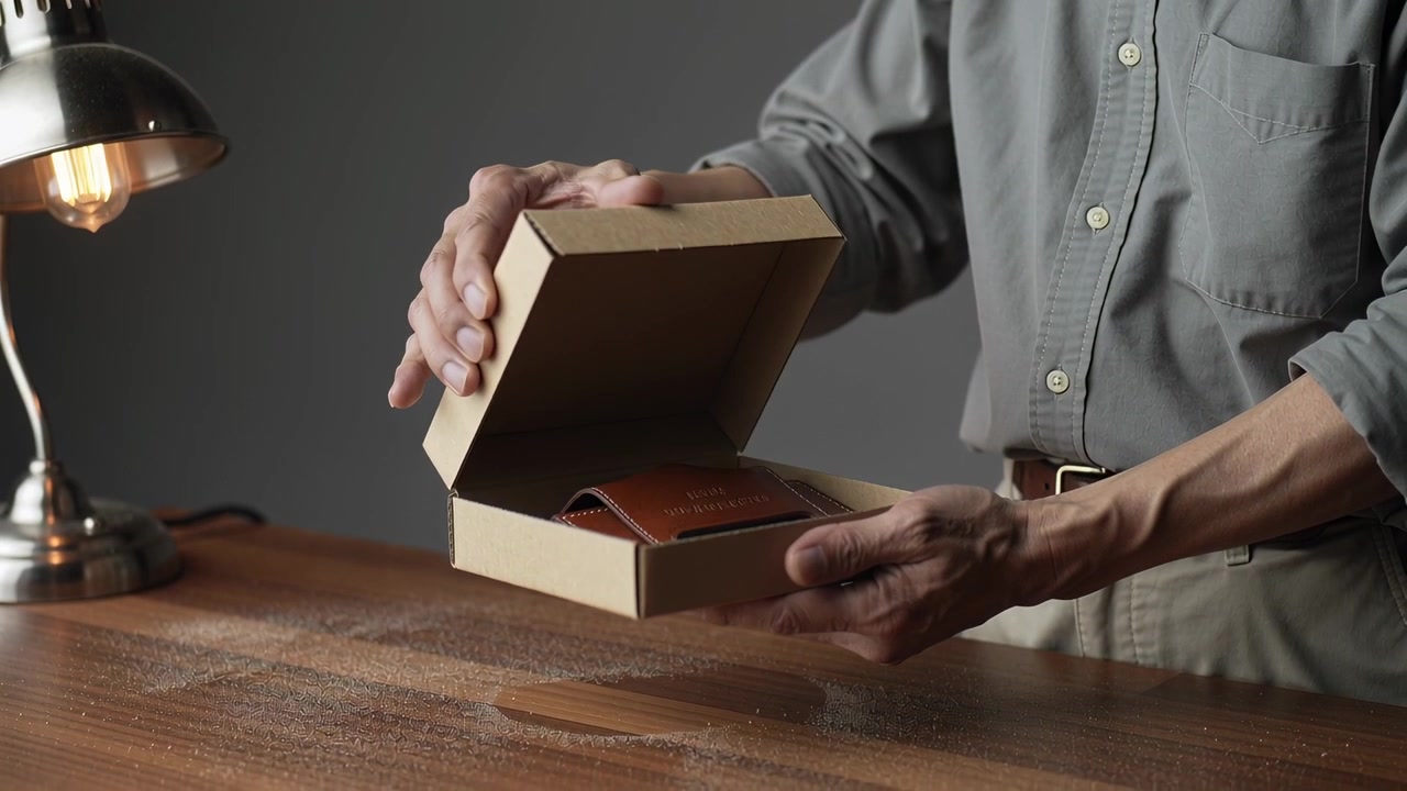Lifting left hand, man wearing gray shirt opening box presenting brown leather wallet at table