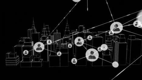 Animation-of-network-of-connections-with-icons-over-3d-city-drawing