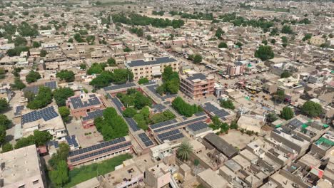 drone shot of government taluka hospital at a crowded city during daytime in shahdadpur,sindh in pakistan