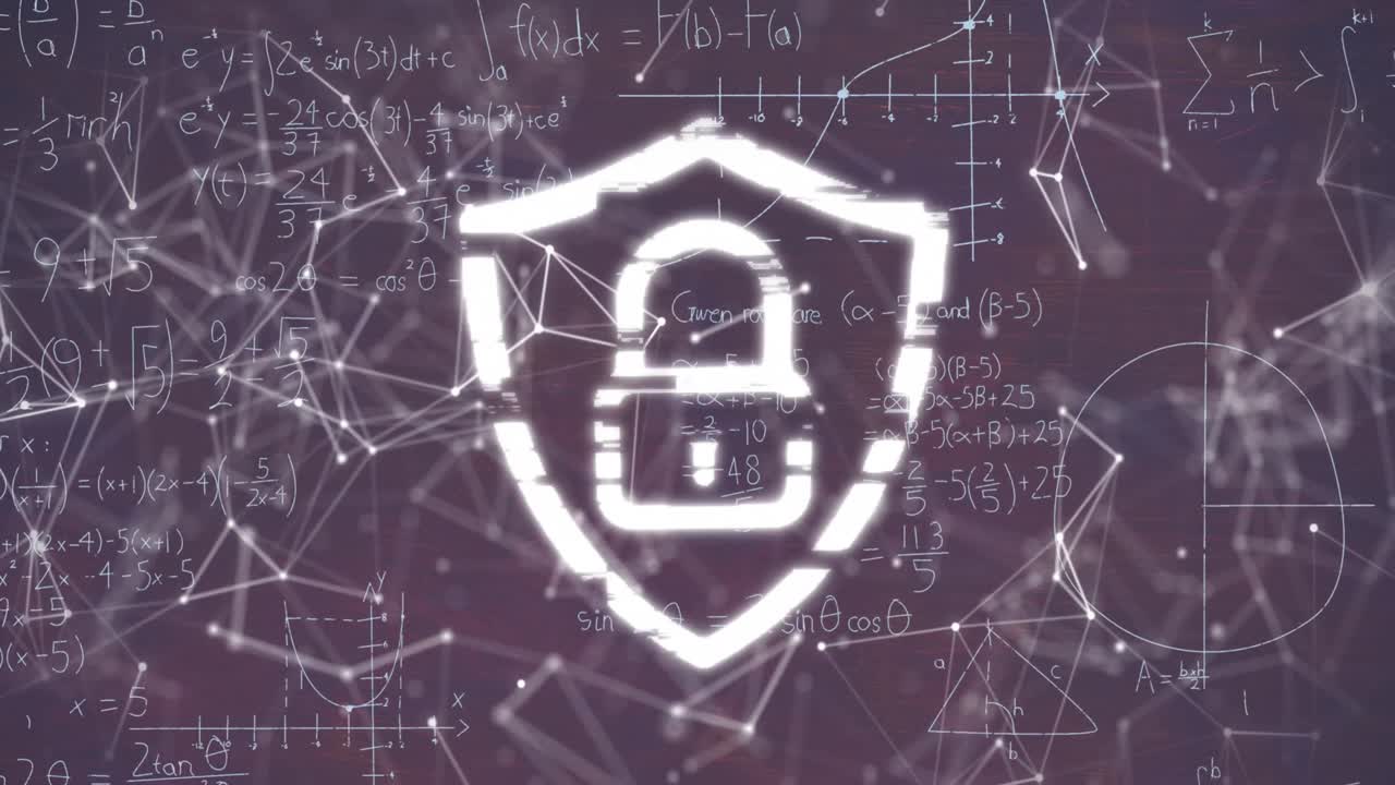animación de candado digital, conexiones y fórmulas matemáticas en fondo oscuro