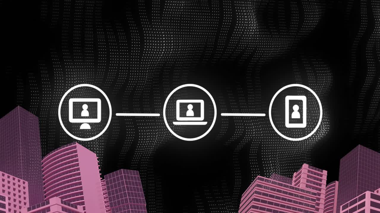 Animation of network of connections and icons cityscape