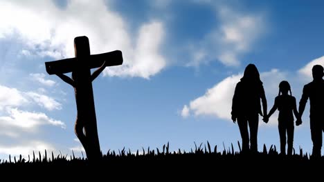 animation of silhouette of christian cross and couple with daughter with cloudy sky on background