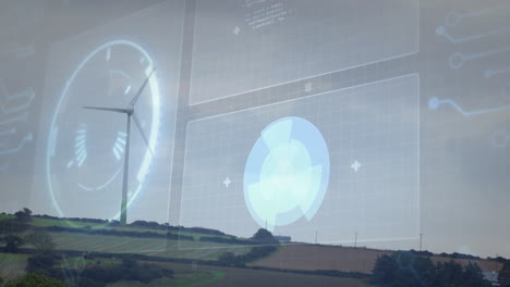 Wind turbine and landscape with renewable energy animation over digital interface
