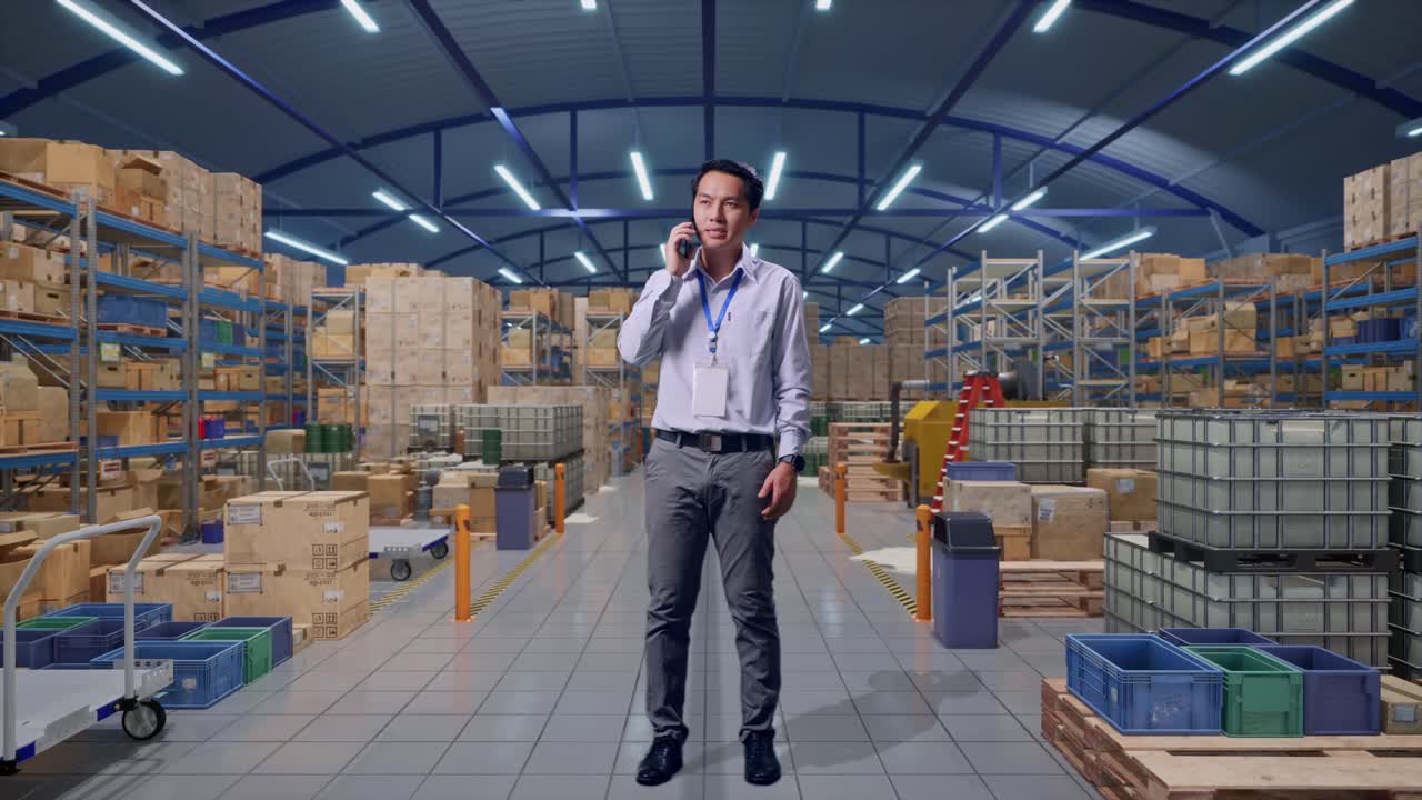 Lavoratore professionista asiatico a figura intera in piedi in un magazzino con file di scaffalature, parla con qualcuno al telefono.