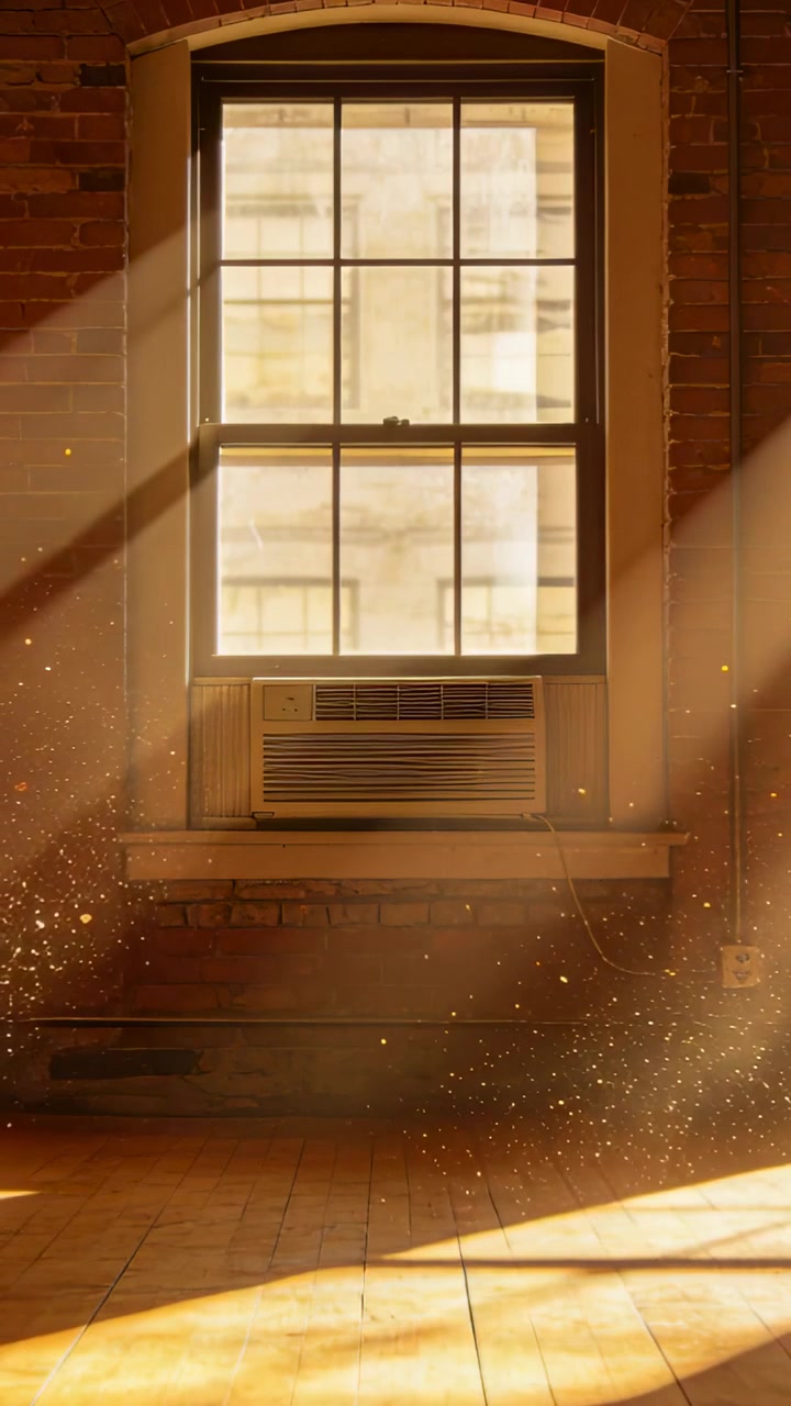 Vertical video: Streaming window with AC casting shifting light in loft as sun moving showing dust
