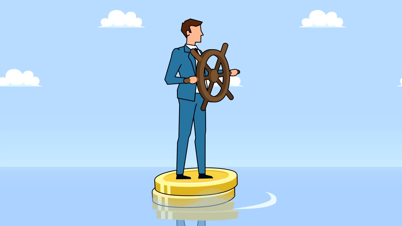 Flat cartoon businessman character with helm wheel floating on dollar coins businesss control concept animation