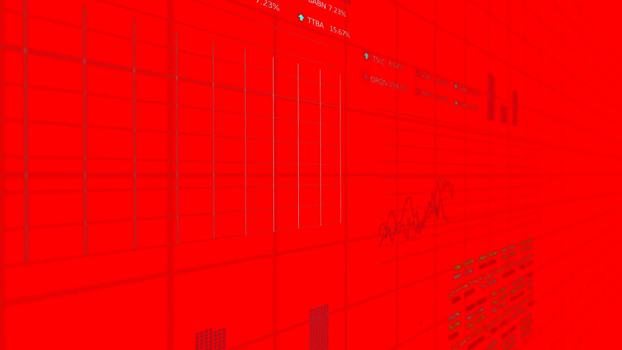 Animation of financial data processing over red background