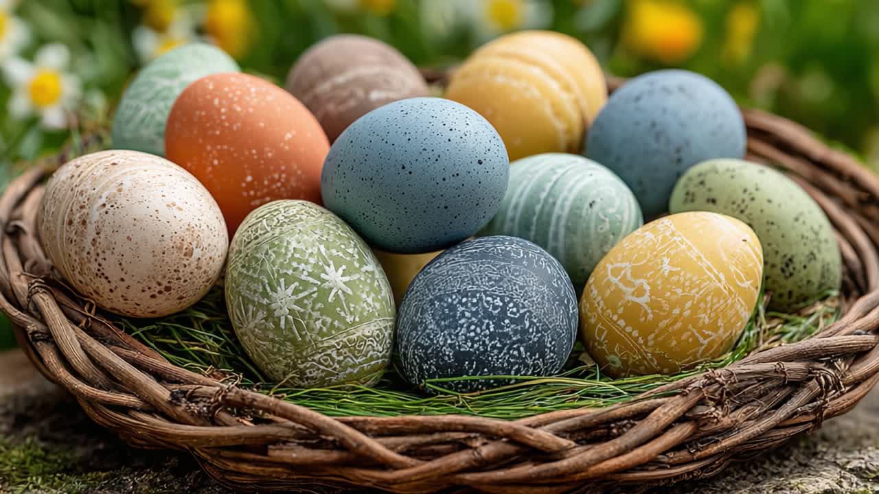 Uma coleção vibrante de ovos de Páscoa lindamente decorados, aninhados em uma cesta de vime natural, rodeados por grama fresca de primavera e flores coloridas.