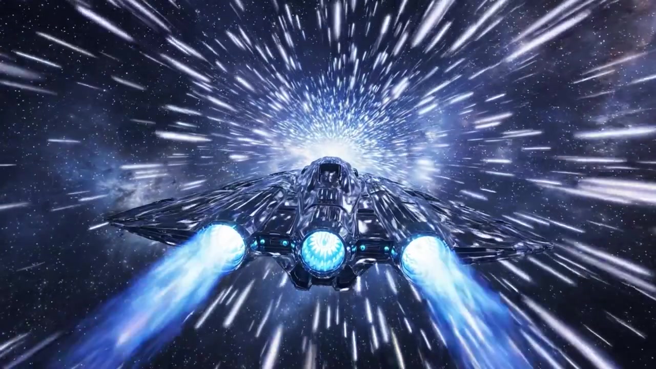 Incredible Space Voyage: A Futuristic Starship Engaged in Hyperspace Travel, Accelerating through Cosmic Realms with Brilliant Engine Trails Lighting the Void