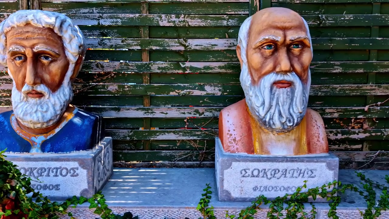Statuer af græske guder udstillet udendørs i et temaparkmiljø.