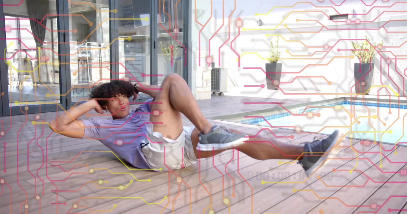 Man beginning routine on pool deck doing bicycle crunches for fitness with circuit overlay tracking