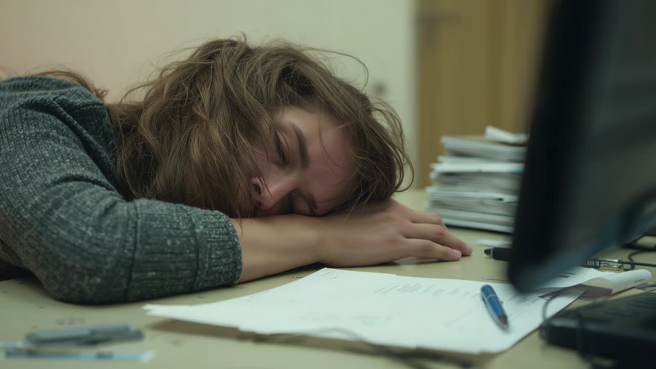 Donna a riposo con la testa appoggiata sul braccio piegato alla scrivania dopo il lavoro, penna, monitor, maglione grigio