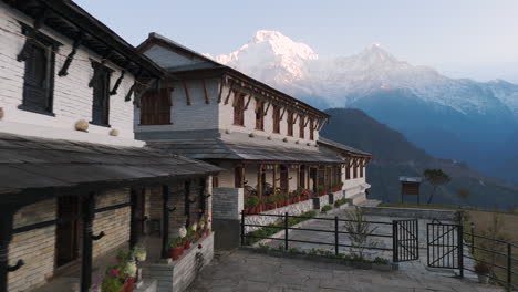 scenic mountain view with traditional building