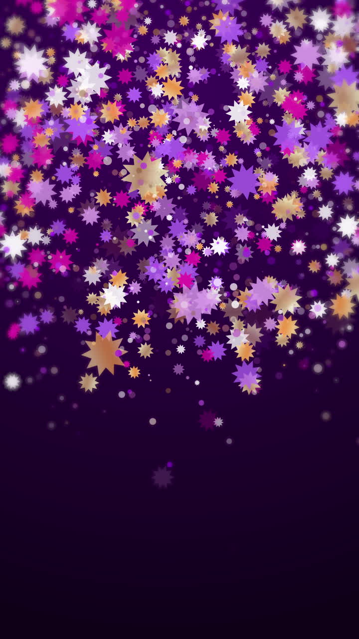 Flying stars confetti holiday animation in pink violet purple background. Cute cartoon stars holiday motion graphic. Vertical video.