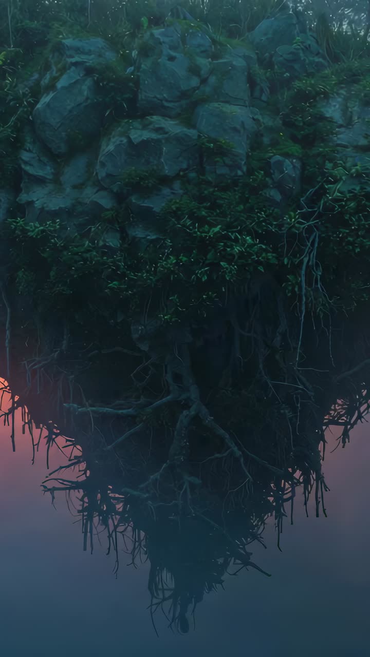 Vertical video: Cam moving up showing floating island in pink-blue sky, hanging roots moss tree
