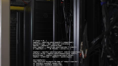 computer code animation over server racks in data center