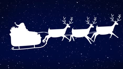 Animation-of-santa-claus-in-sleigh-with-reindeer-moving-over-falling-snow