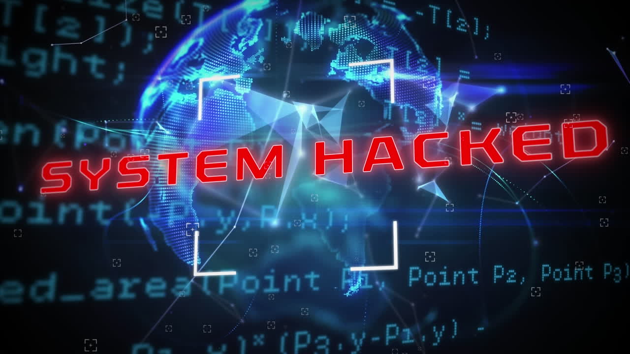 Animation of system hacked text and shapes over data processing