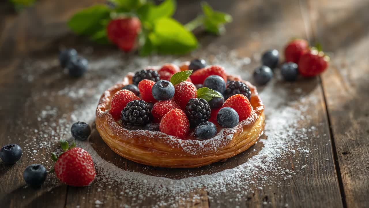 Inquadratura della telecamera che ruota attorno a una crostata di frutta, mostrando frutti di bosco maturi e zucchero a velo su un tavolo rustico in legno