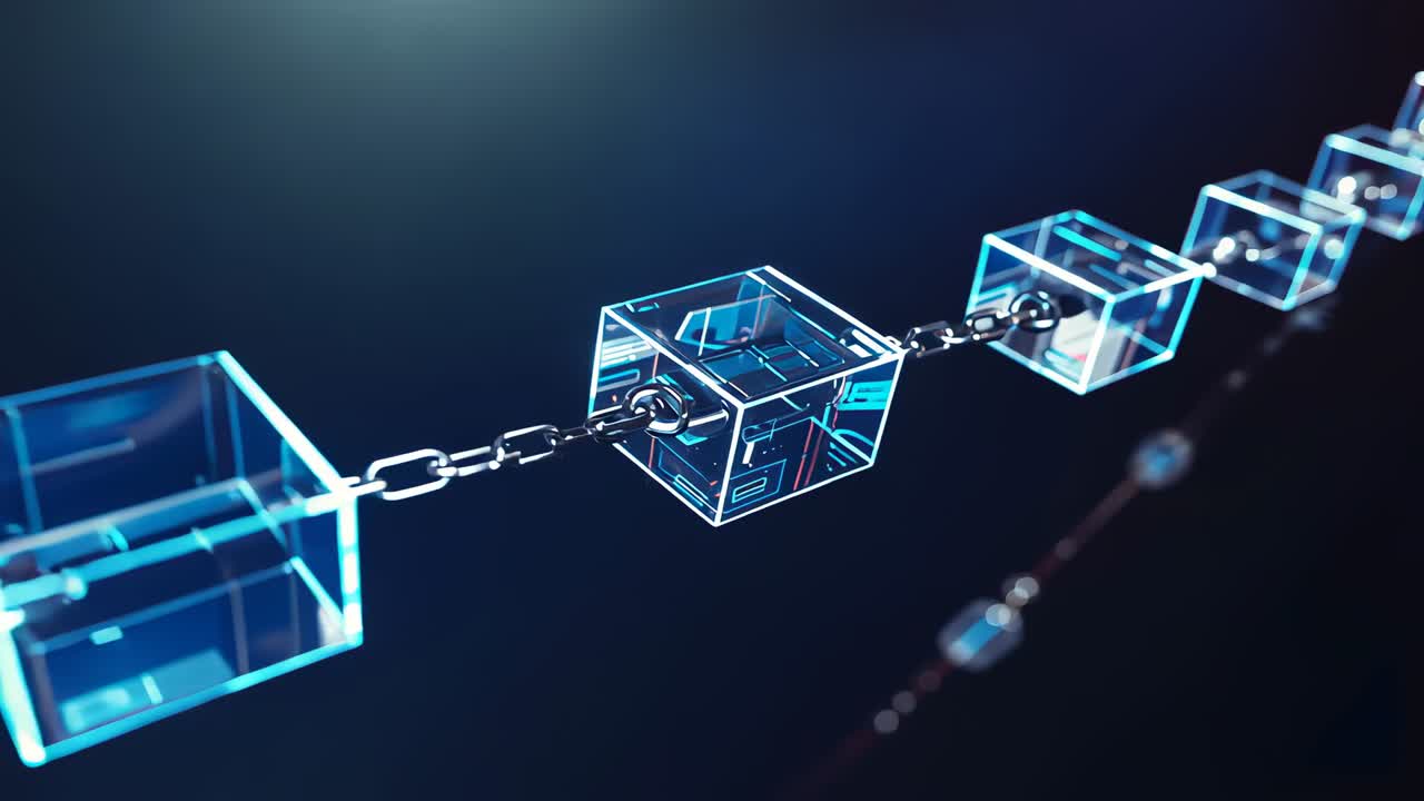 Moving camera forward revealing neon-blue cube rotating on chain in digital void, showing circuitry