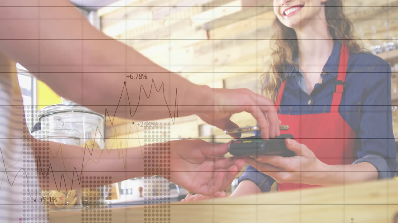 스마트 폰으로 지불하는 다양한 사람들을 대상으로 금융 데이터 처리의 애니메이션