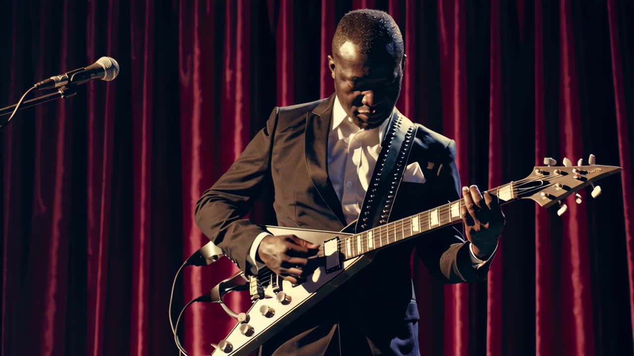 무대에서 전기 기타를 연주하는 흑인 음악가