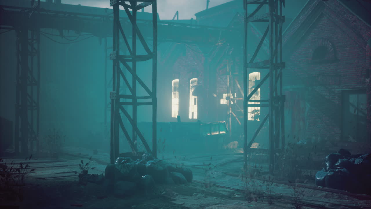 Abandoned industrial site at dusk with eerie lighting and fog
