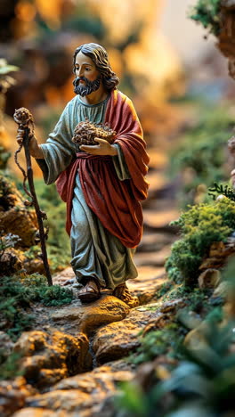 figure of a shepherd carrying sheep on a trail in a lush landscape