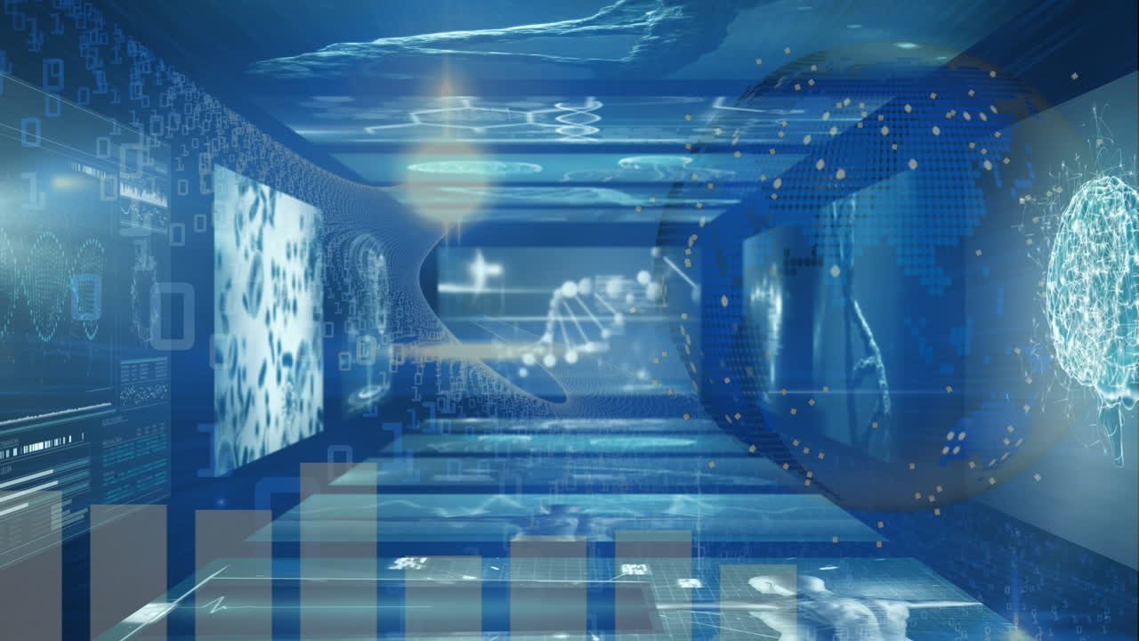 데이터 처리의 애니메이션과 파란색 배경 위의 지구