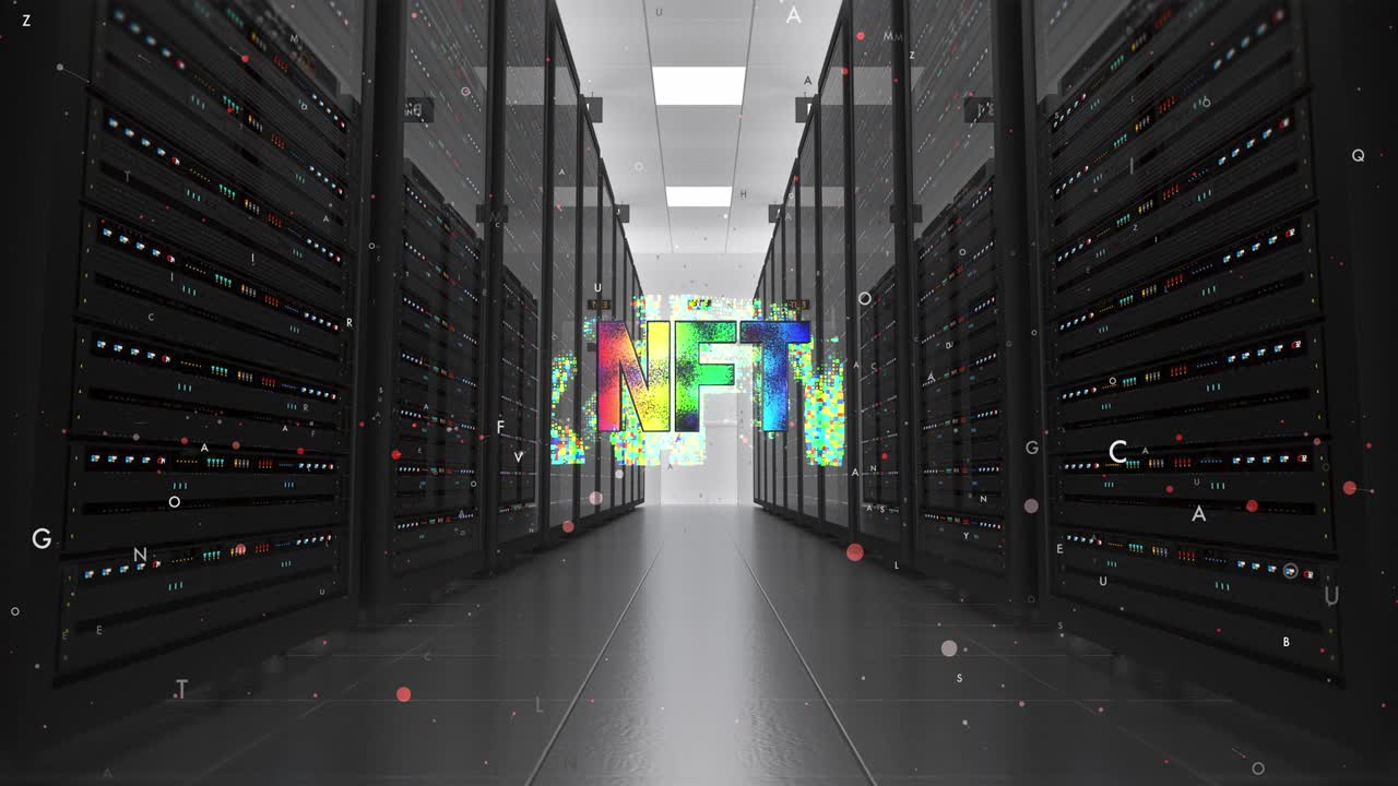 el colorido símbolo de nft en la sala del centro de datos moderno.