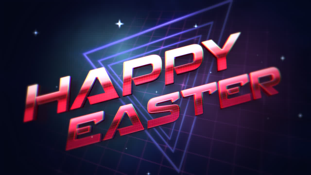 Happy Easter with retro triangles and glitters on grid in 80s style