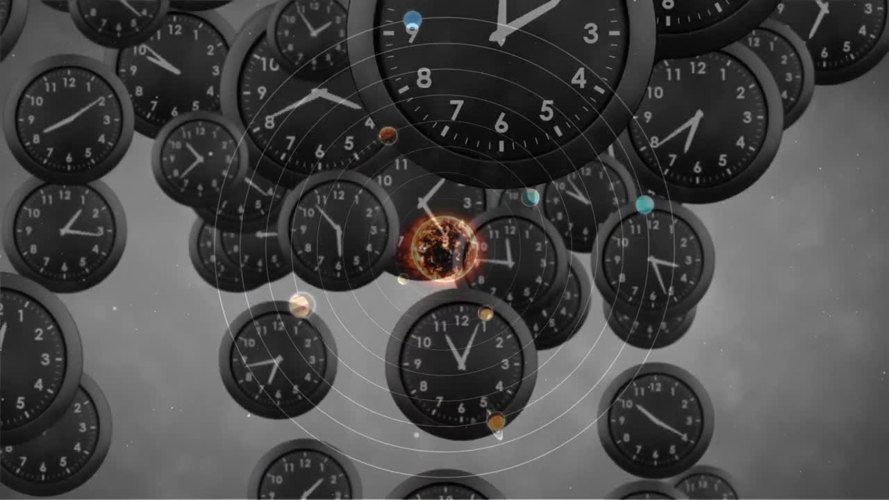 Animation of solar systems, planets and space over clocks ticking