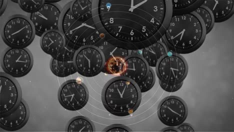 animación de sistemas solares, planetas y espacio sobre relojes que tiquetean