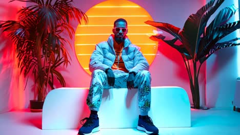 a man sitting on a white bench in front of a neon sign