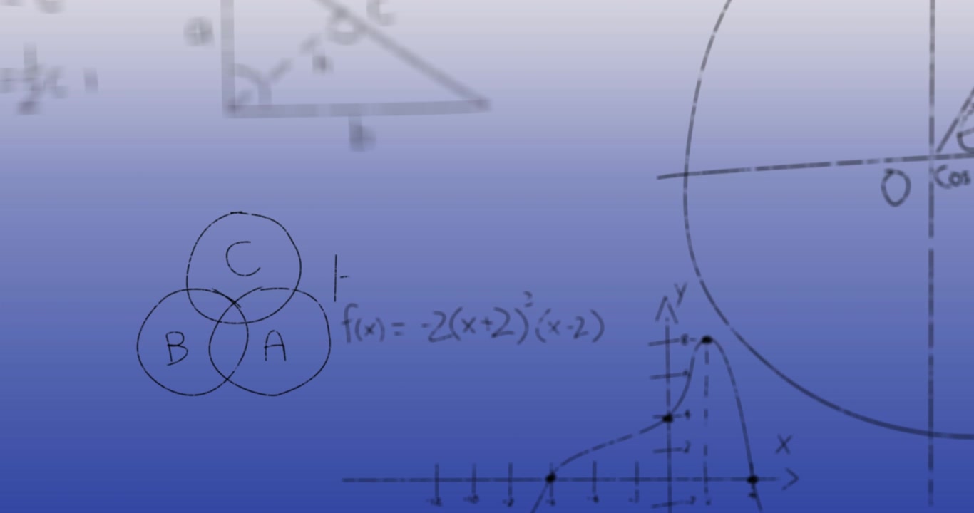 Animation of mathematical equations and diagrams floating against blue gradient background